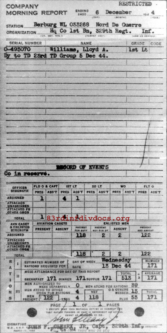 Morning report HQCO1BN Co, 1944-12-06, page 1 Morning report