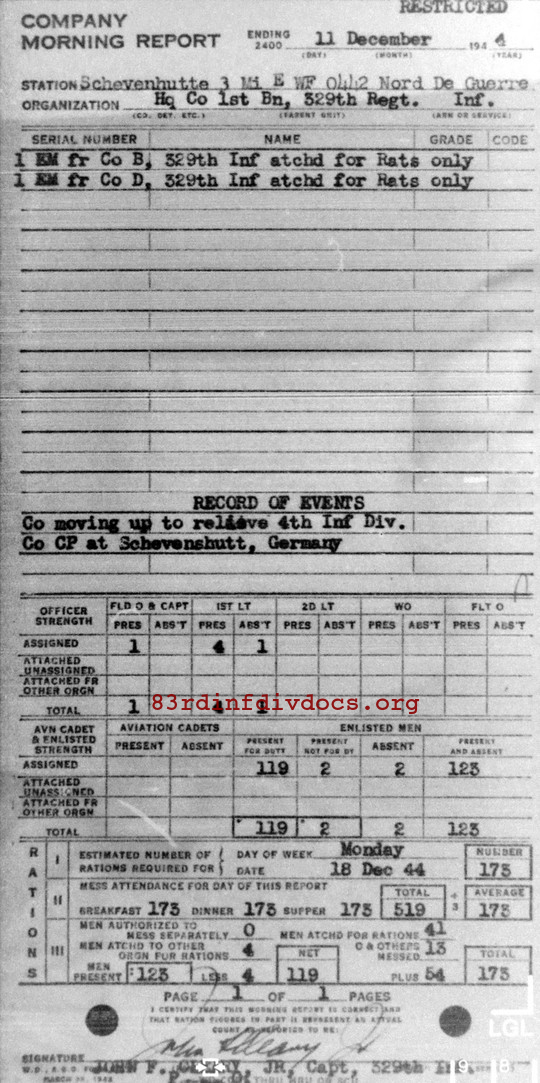 Morning report HQCO1BN Co, 1944-12-11, page 1 Morning report