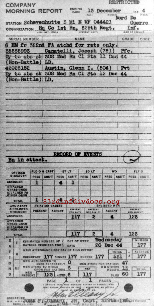 Morning report HQCO1BN Co, 1944-12-13, page 1 Morning report