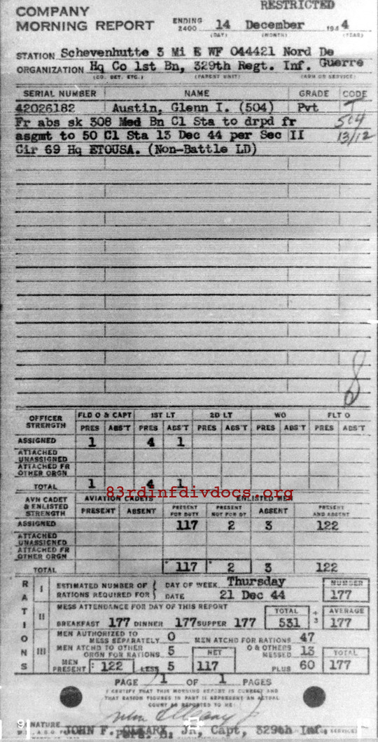 Morning report HQCO1BN Co, 1944-12-14, page 1 Morning report