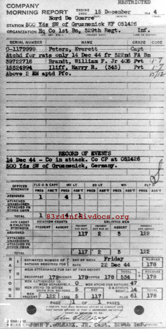 Morning report HQCO1BN Co, 1944-12-15, page 1 Morning report