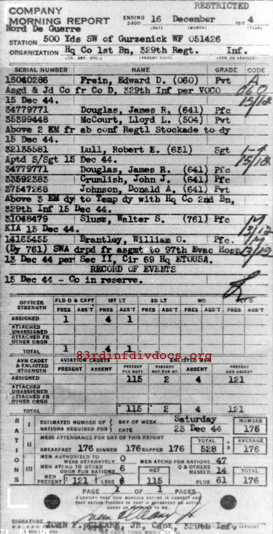 Morning report HQCO1BN Co, 1944-12-16, page 1 Morning report