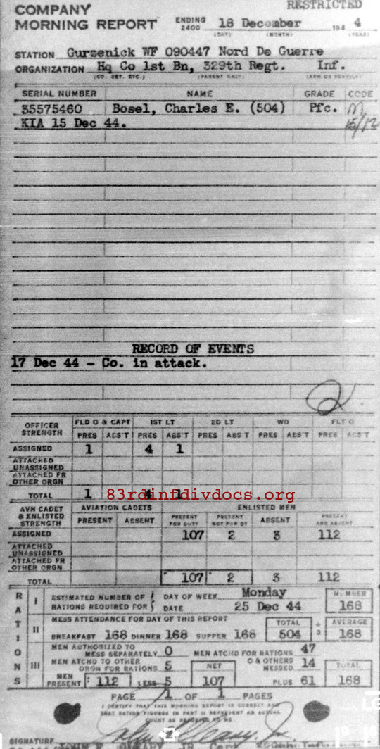 Morning report HQCO1BN Co, 1944-12-18, page 1 Morning report