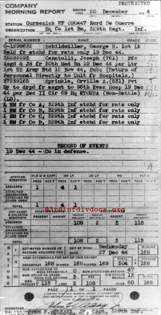 Morning report HQCO1BN Co, 1944-12-20, page 1 Morning report