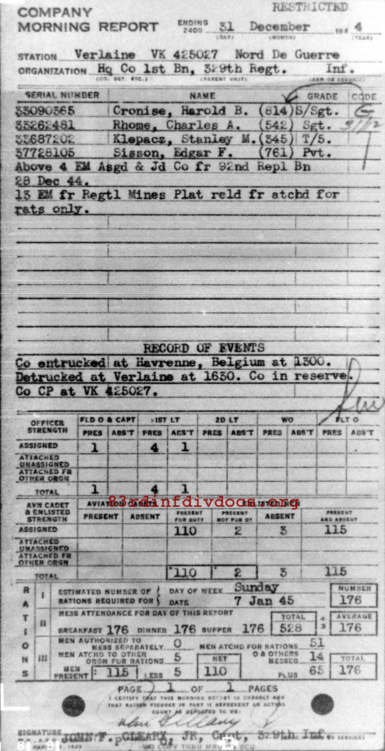 Morning report HQCO1BN Co, 1944-12-31, page 1 Morning report