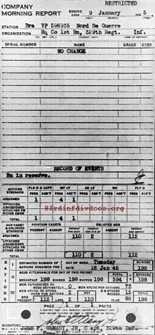 Morning report HQCO1BN Co, 1945-01-09, page 1 Morning report