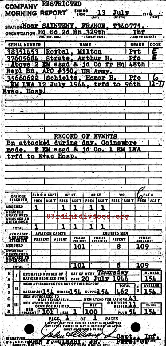 Morning report HQCO2BN Co, 1944-07-13, page 1 Morning report