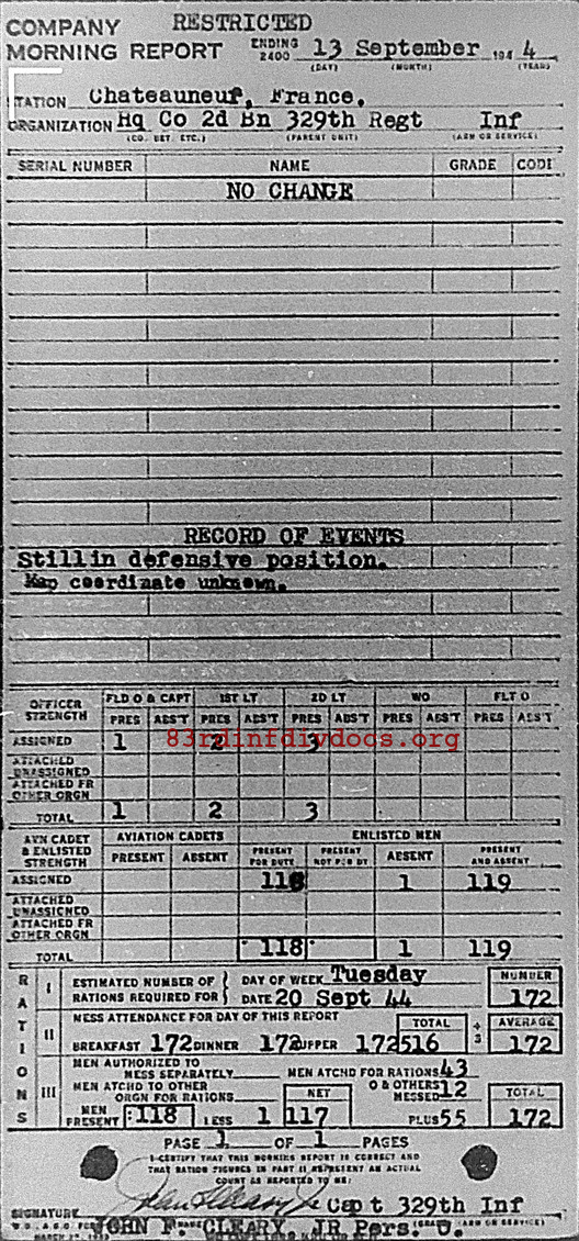 Morning report HQCO2BN Co, 1944-09-13, page 1 Morning report