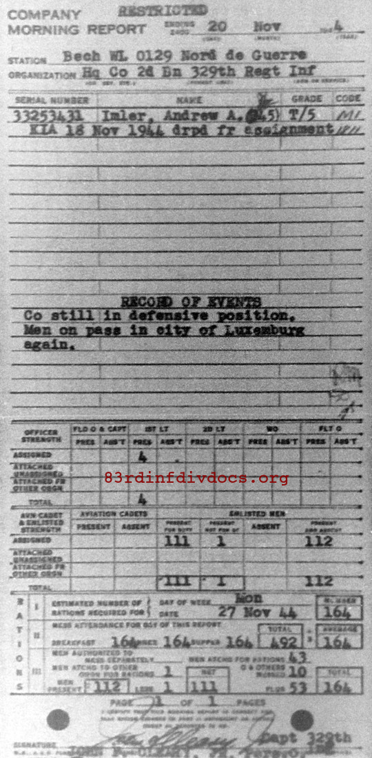 Morning report HQCO2BN Co, 1944-11-20, page 1 Morning report