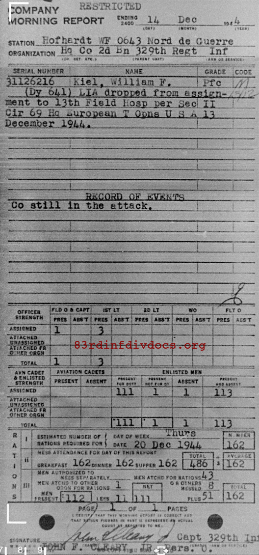 Morning report HQCO2BN Co, 1944-12-14, page 1 Morning report