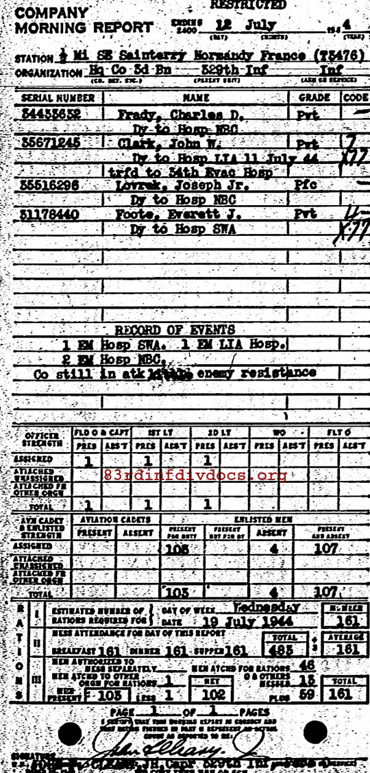 Morning report HQCO3BN Co, 1944-07-12, page 1 Morning report
