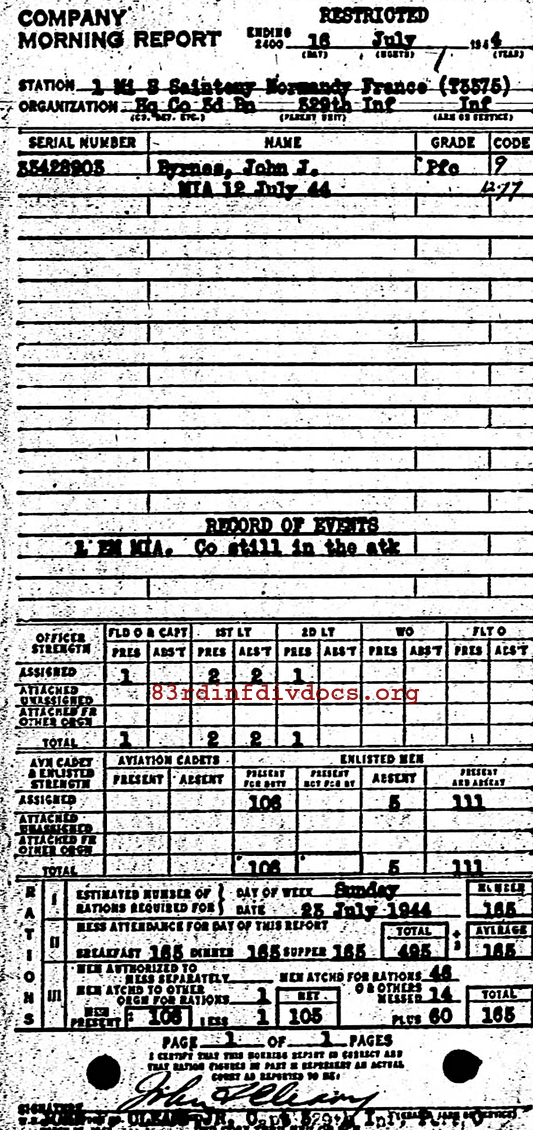 Morning report HQCO3BN Co, 1944-07-16, page 1 Morning report