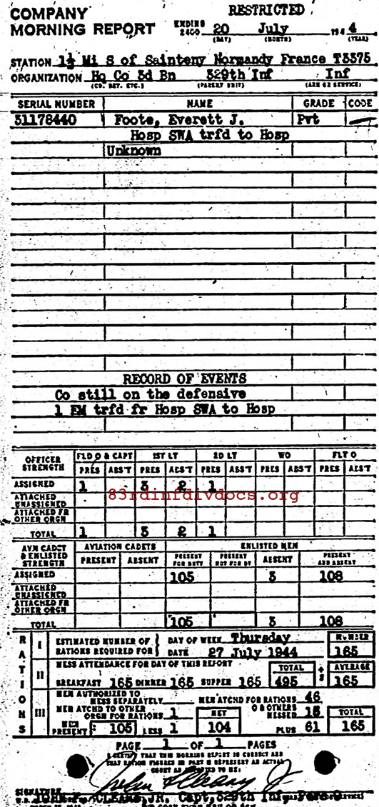 Morning report HQCO3BN Co, 1944-07-20, page 1 Morning report