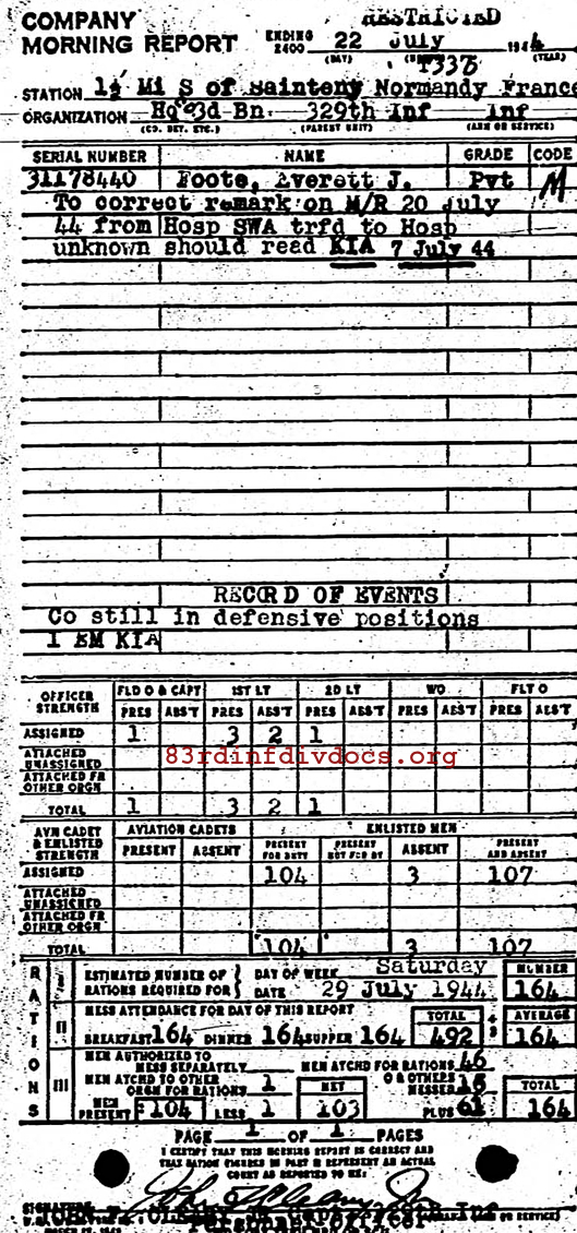 Morning report HQCO3BN Co, 1944-07-22, page 1 Morning report