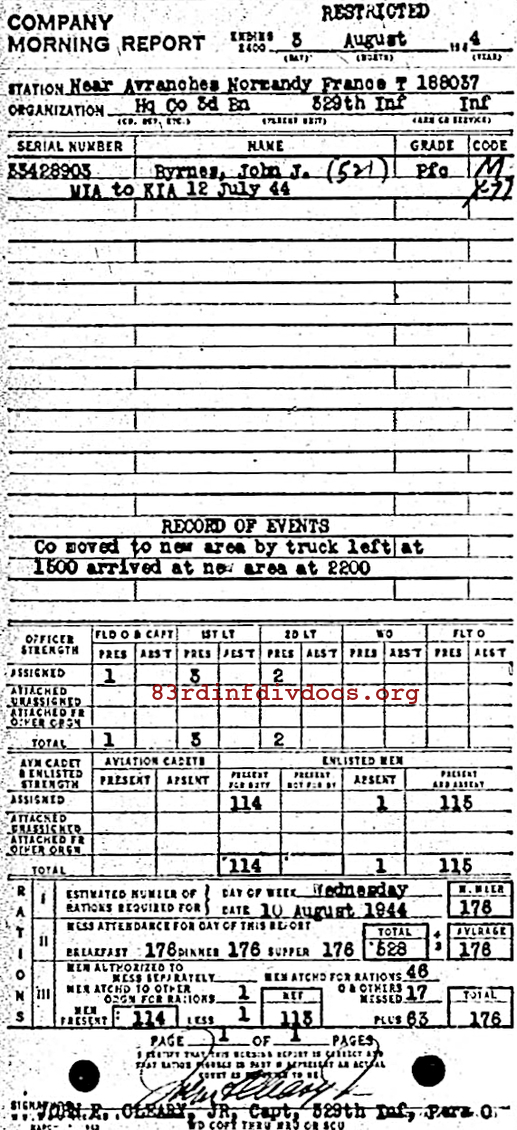 Morning report HQCO3BN Co, 1944-08-03, page 1 Morning report