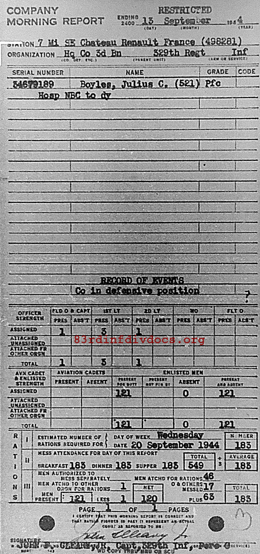 Morning report HQCO3BN Co, 1944-09-13, page 1 Morning report