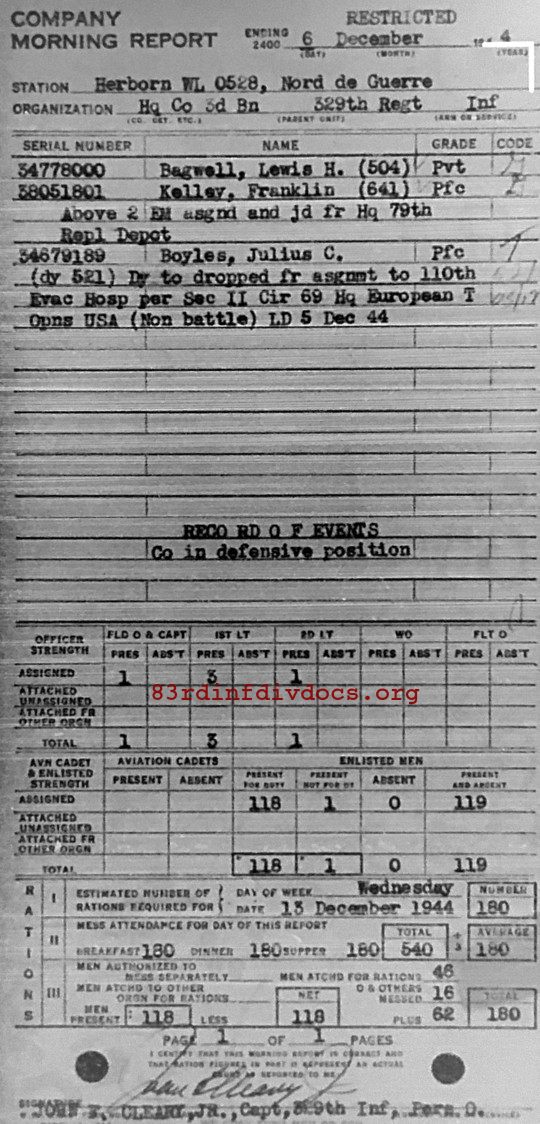 Morning report HQCO3BN Co, 1944-12-06, page 1 Morning report