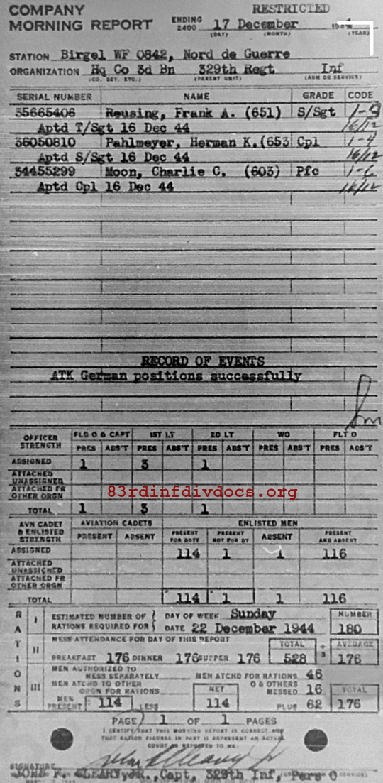 Morning report HQCO3BN Co, 1944-12-17, page 1 Morning report