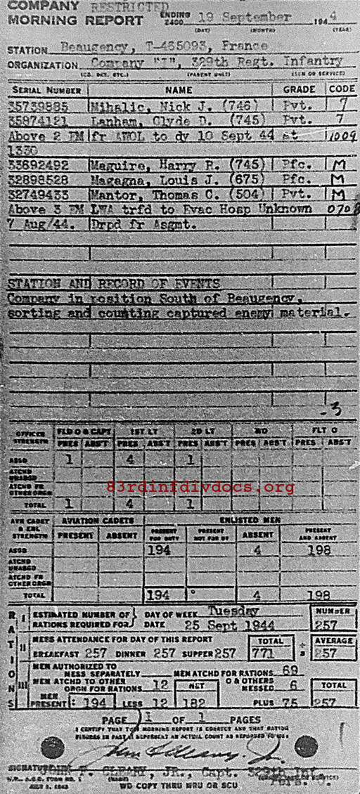 Morning report I Co, 1944-09-19, page 1 Morning report