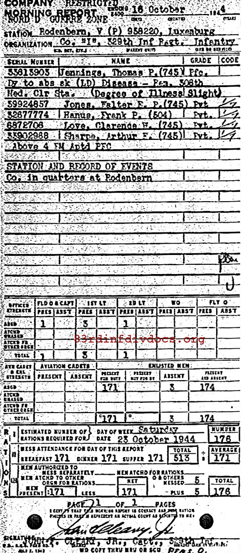 Morning report I Co, 1944-10-16, page 1 Morning report