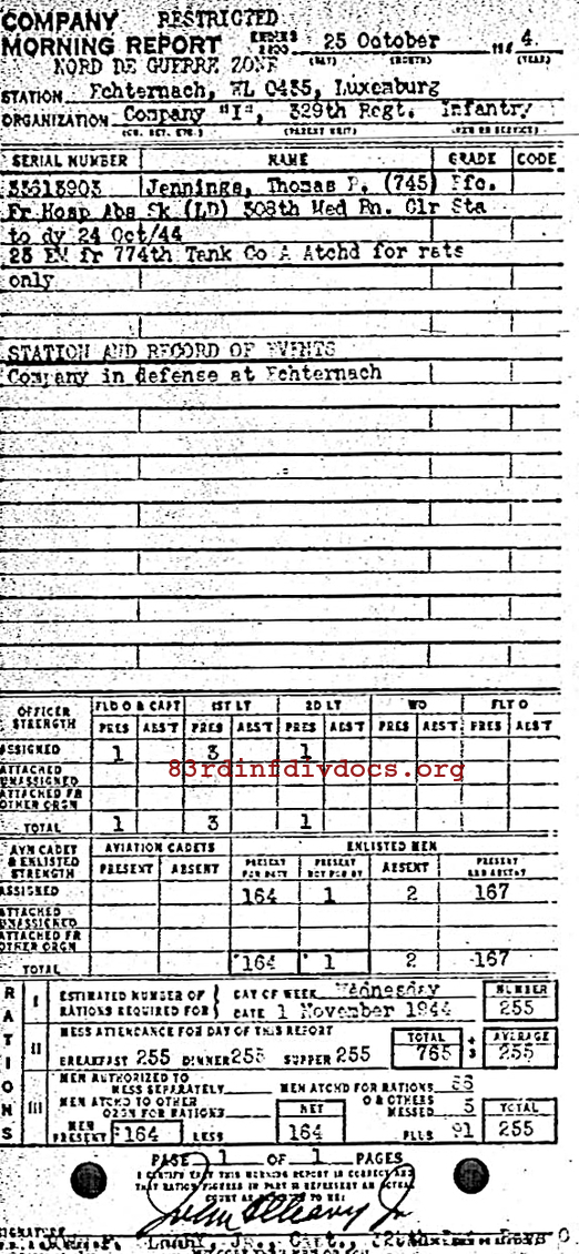 Morning report I Co, 1944-10-25, page 1 Morning report