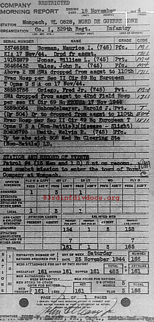 Morning report I Co, 1944-11-18, page 1 Morning report