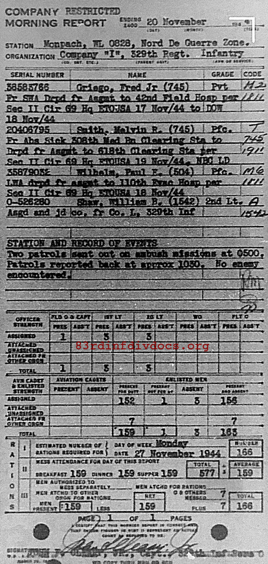 Morning report I Co, 1944-11-20, page 1 Morning report