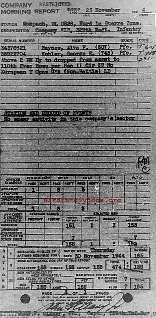 Morning report I Co, 1944-11-23, page 1 Morning report