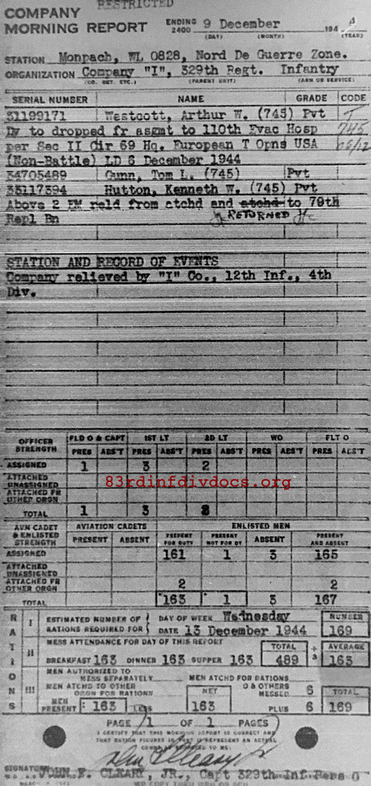 Morning report I Co, 1944-12-09, page 1 Morning report