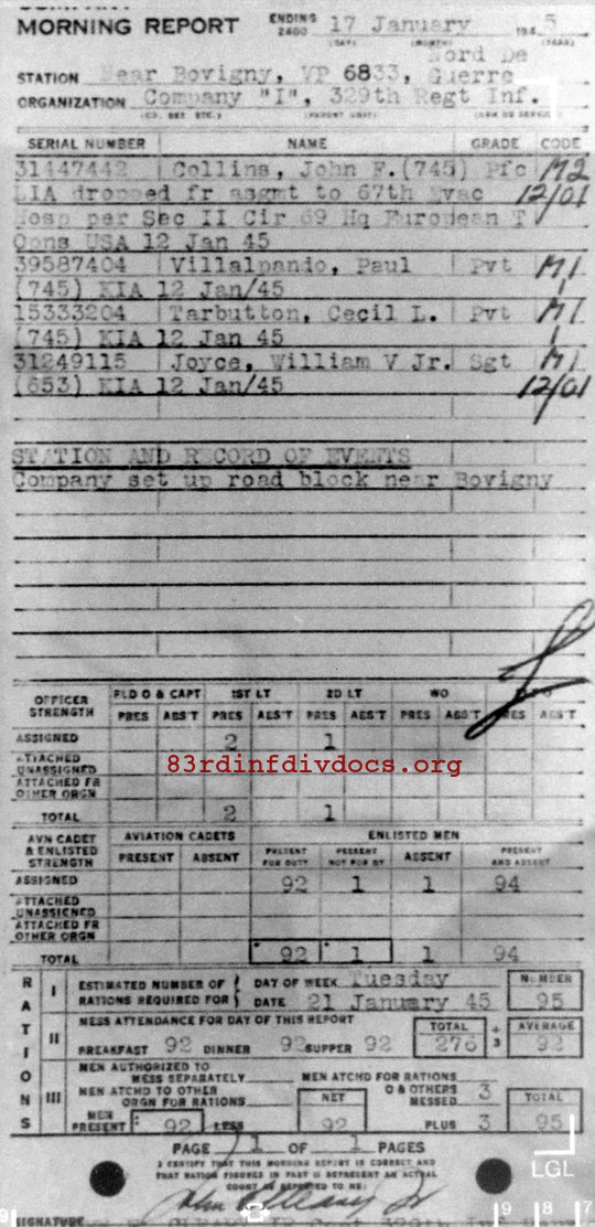 Morning report I Co, 1945-01-17, page 1 Morning report