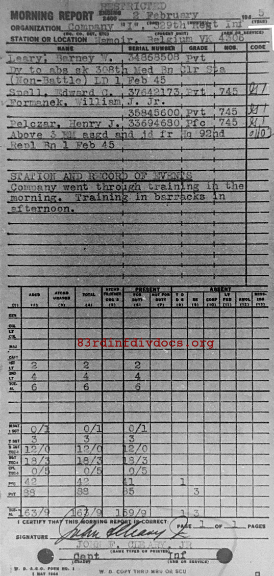 Morning report I Co, 1945-02-02, page 1 Morning report