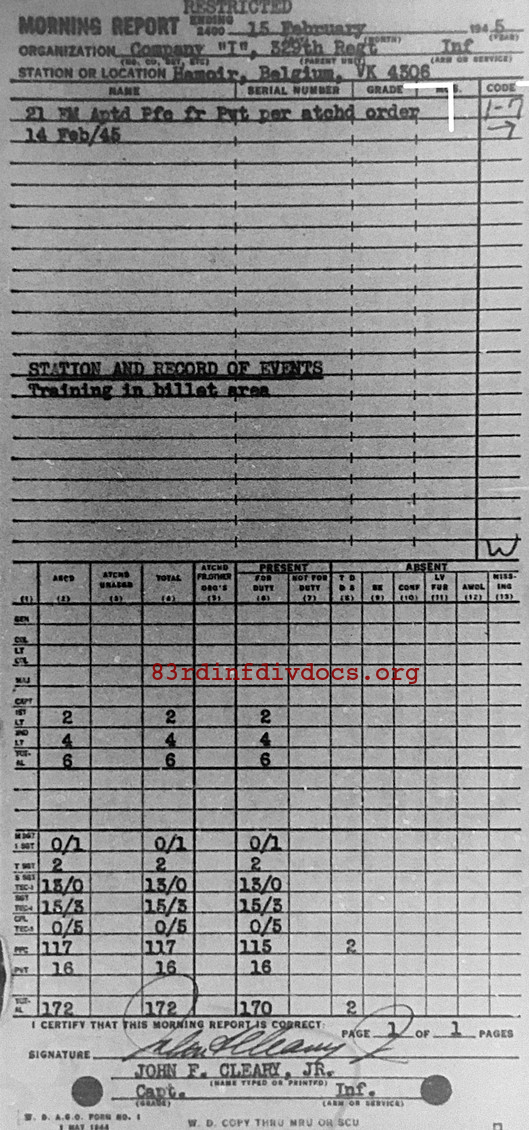 Morning report I Co, 1945-02-15, page 1 Morning report