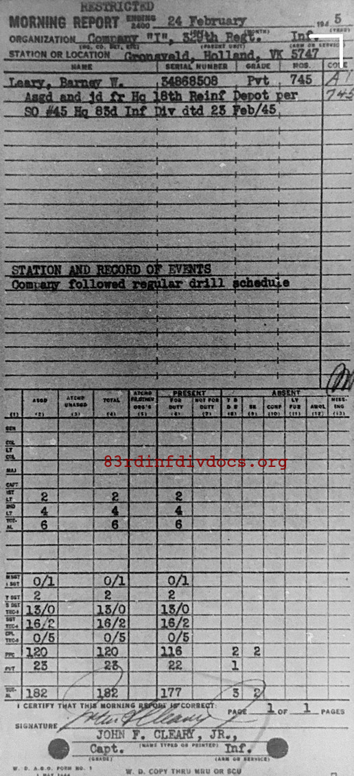 Morning report I Co, 1945-02-24, page 1 Morning report