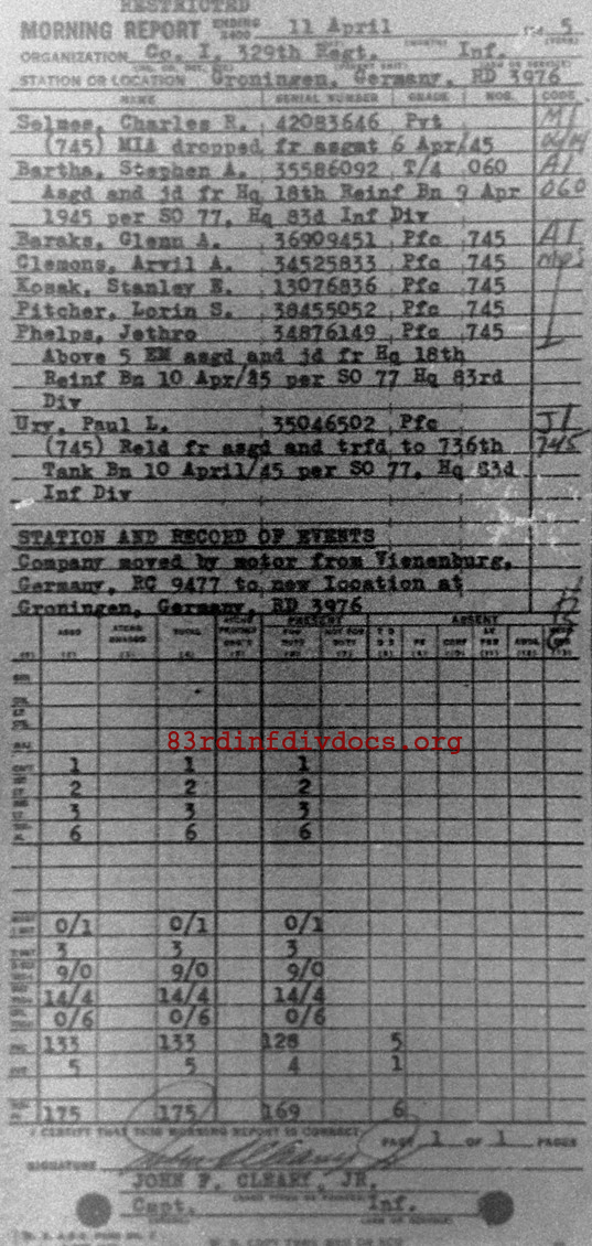 Morning report I Co, 1945-04-11, page 1 Morning report