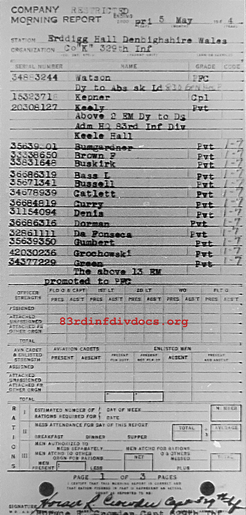 Morning report K Co, 1944-05-05, page 1 Morning report