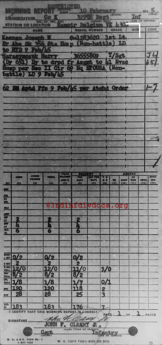 Morning report K Co, 1945-02-10, page 1 Morning report