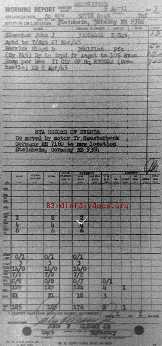 Morning report K Co, 1945-04-05, page 1 Morning report