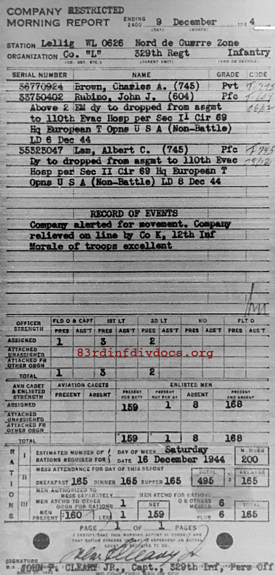 Morning report L Co, 1944-12-09, page 1 Morning report
