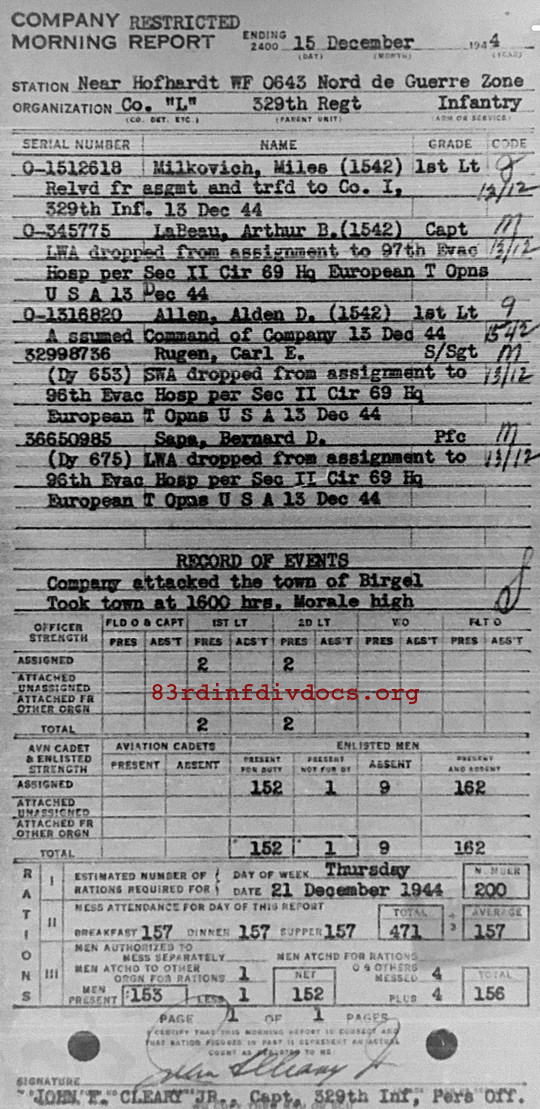 Morning report L Co, 1944-12-15, page 1 Morning report