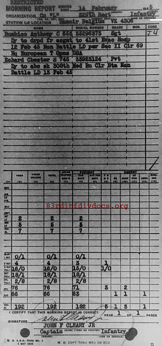 Morning report L Co, 1945-02-14, page 1 Morning report