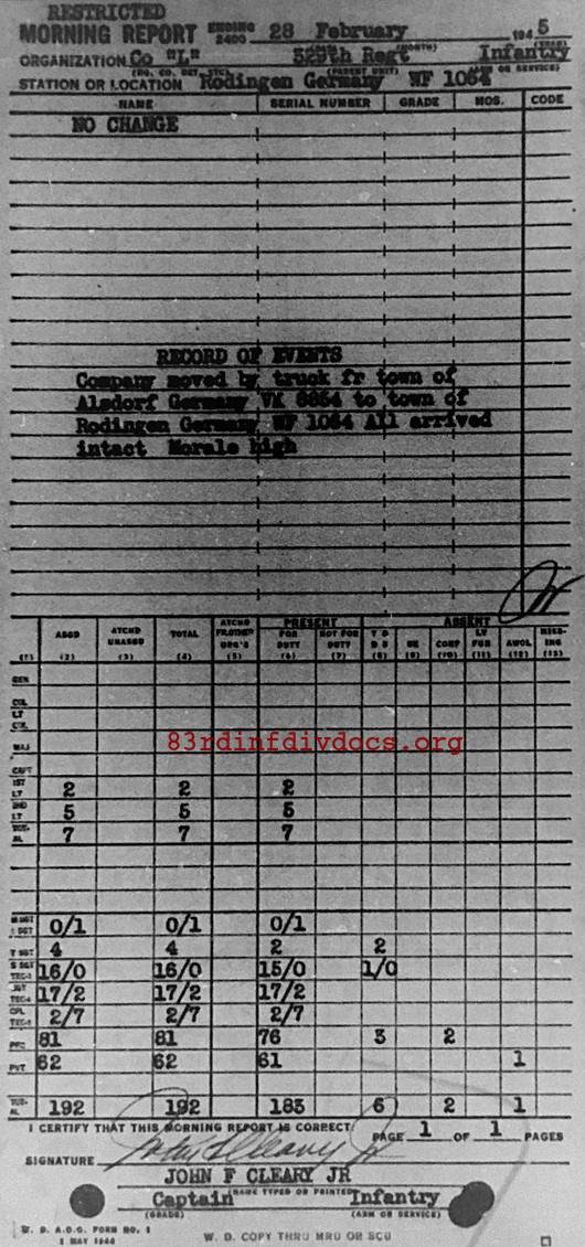 Morning report L Co, 1945-02-28, page 1 Morning report