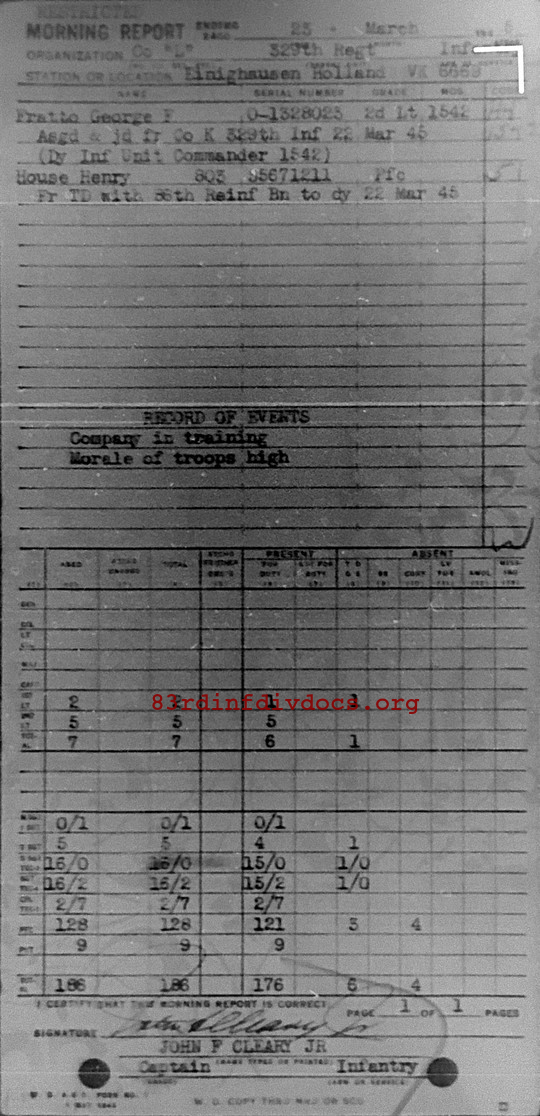 Morning report L Co, 1945-03-23, page 1 Morning report