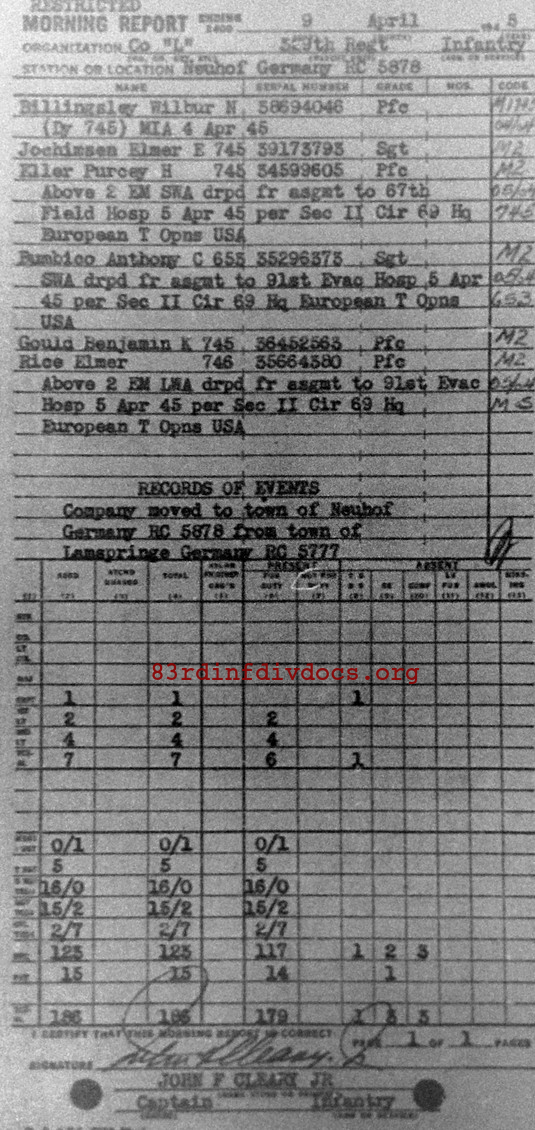Morning report L Co, 1945-04-09, page 1 Morning report