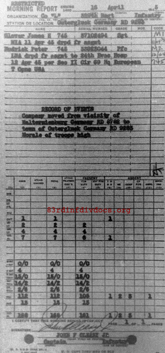 Morning report L Co, 1945-04-16, page 1 Morning report