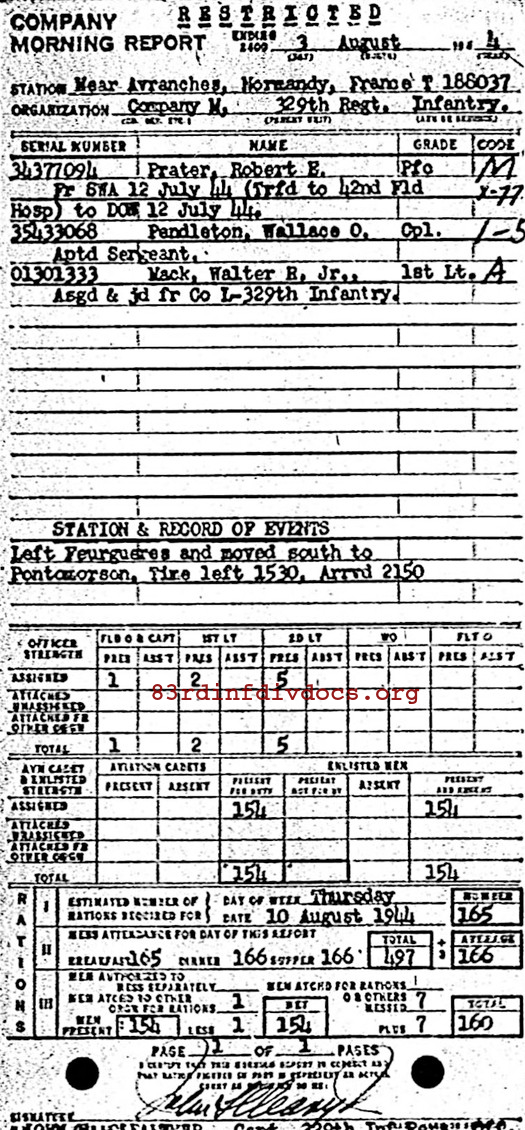 Morning report M Co, 1944-08-03, page 1 Morning report