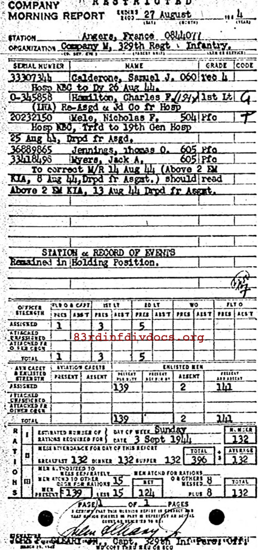 Morning report M Co, 1944-08-27, page 1 Morning report