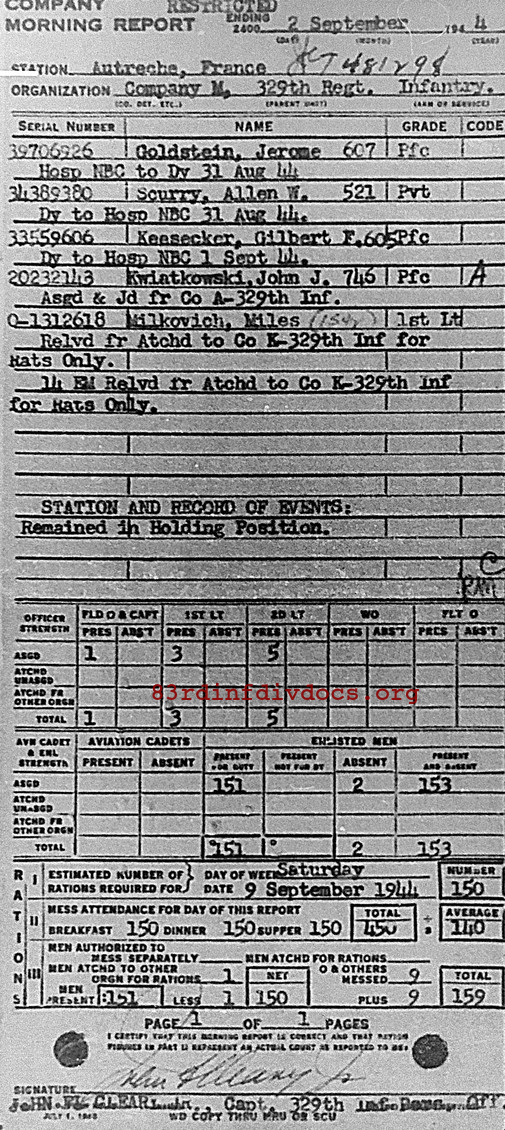 Morning report M Co, 1944-09-02, page 1 Morning report
