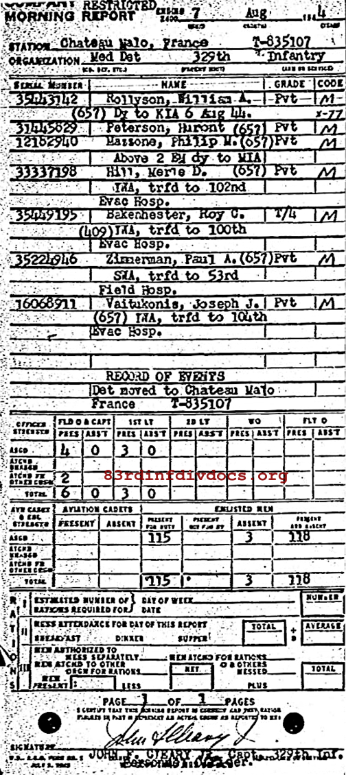 Morning report MEDDET Co, 1944-08-07, page 1 Morning report