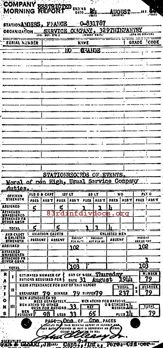 Morning report SERCO Co, 1944-08-24, page 1 Morning report