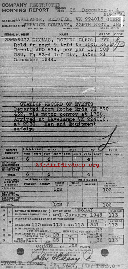 Morning report SERCO Co, 1944-12-26, page 1 Morning report